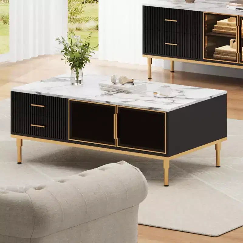 Faux Marble Coffee Table Modern - 4 Drawers & Glass Doors Storage, Sliding Cabinet + Hidden Compartment/Shelf for Living Room/Reception Room