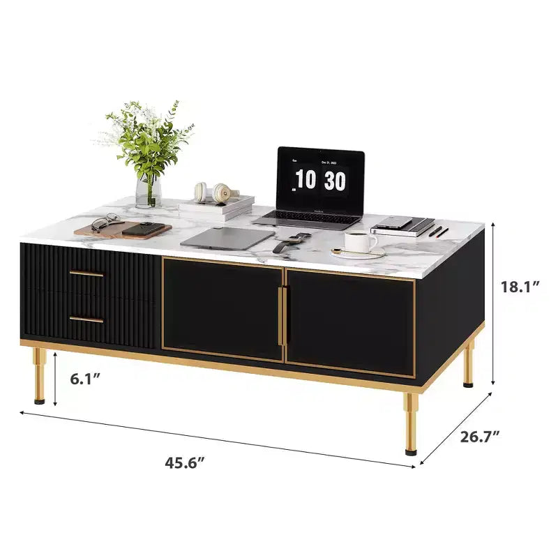 Faux Marble Coffee Table Modern - 4 Drawers & Glass Doors Storage, Sliding Cabinet + Hidden Compartment/Shelf for Living Room/Reception Room