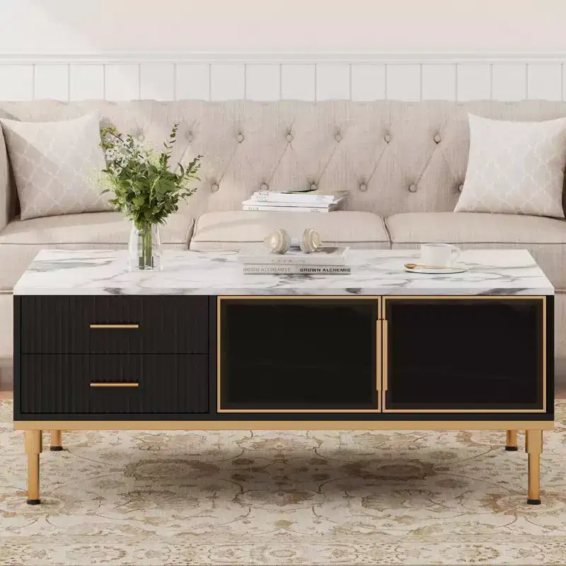 Faux Marble Coffee Table Modern - 4 Drawers & Glass Doors Storage, Sliding Cabinet + Hidden Compartment/Shelf for Living Room/Reception Room