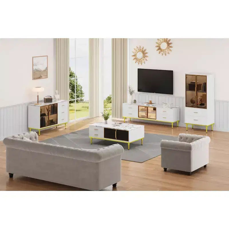 Faux Marble Coffee Table Modern - 4 Drawers & Glass Doors Storage, Sliding Cabinet + Hidden Compartment/Shelf for Living Room/Reception Room
