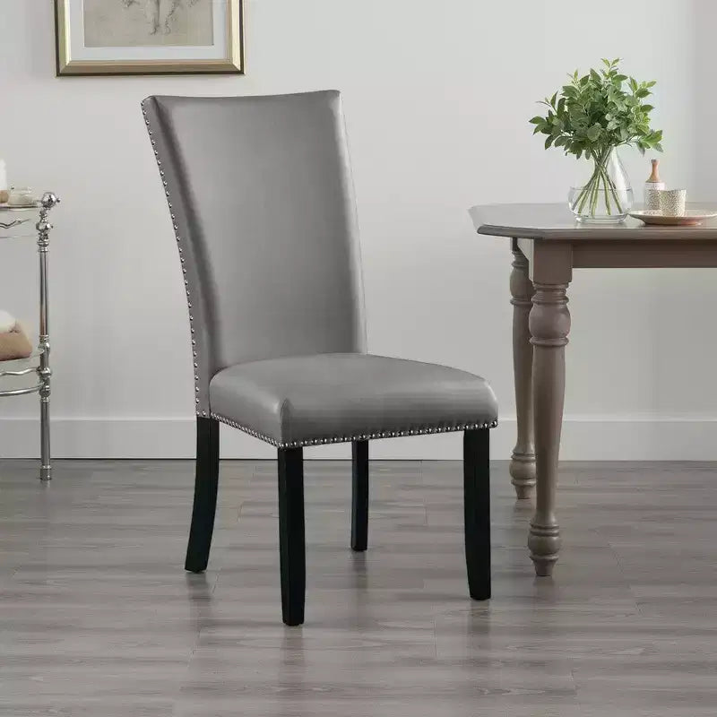 Royal Hampton Side Dining Chair Set of 2, Gray Faux Leather, Nailhead Trim