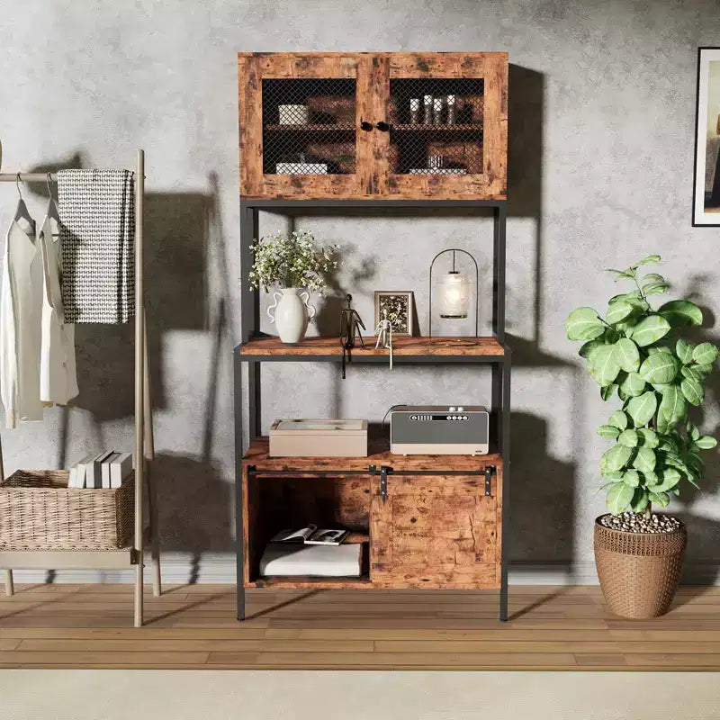 63 Industrial Microwave Stand with Cabinets & Charging Station,5-Tier Kitchen Bakers Rack for Dining Room, Living Room, Apartments