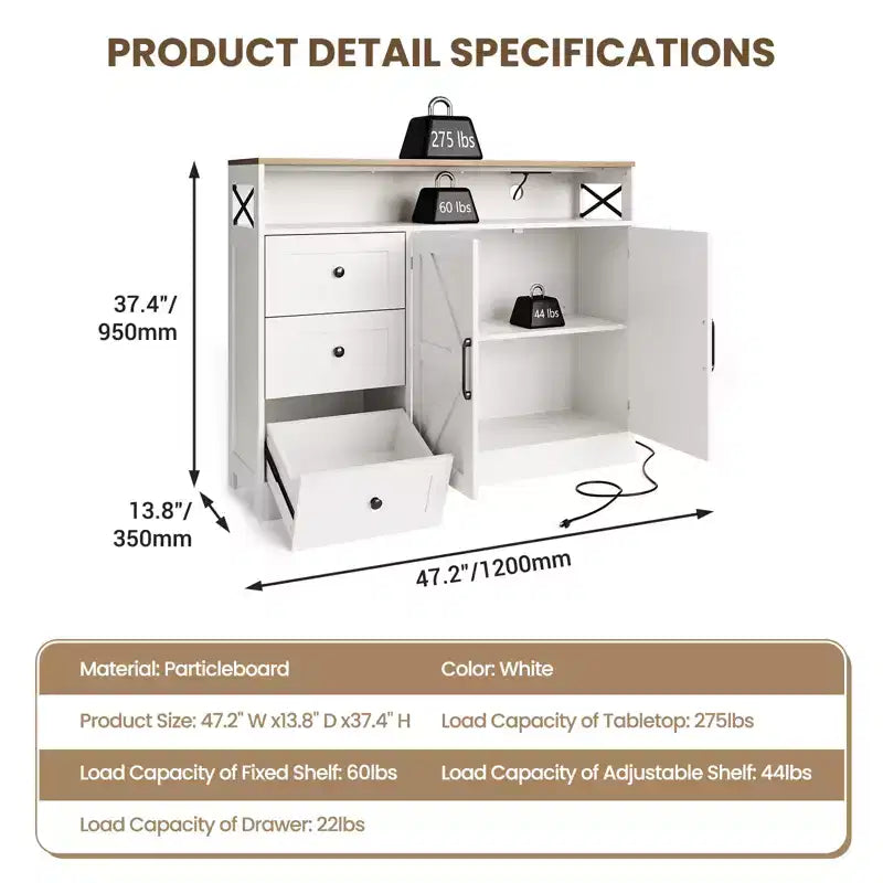 Sideboard Buffet Cabinet, Farmhouse Kitchen Buffet Storage Cabinet, Featuring 3 Drawers, 2-Door Cabinet for Kitchen, Dining Room