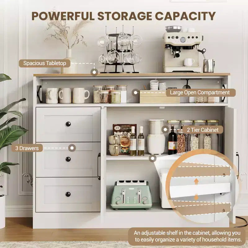 Sideboard Buffet Cabinet, Farmhouse Kitchen Buffet Storage Cabinet, Featuring 3 Drawers, 2-Door Cabinet for Kitchen, Dining Room