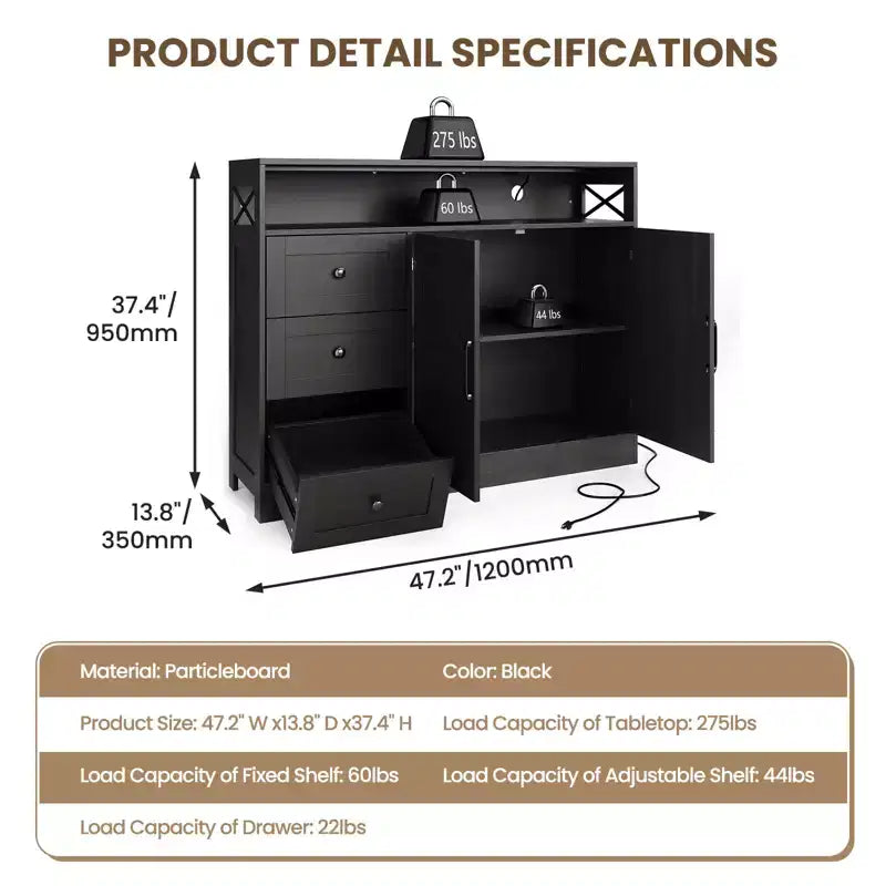 Sideboard Buffet Cabinet, Farmhouse Kitchen Buffet Storage Cabinet, Featuring 3 Drawers, 2-Door Cabinet for Kitchen, Dining Room