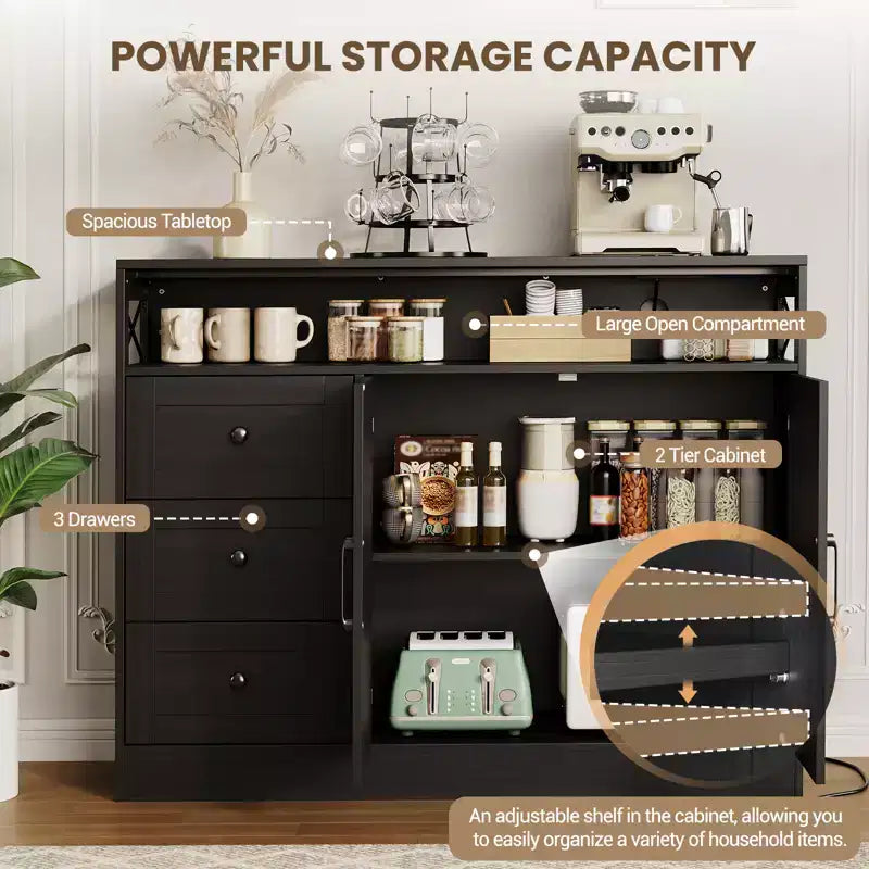 Sideboard Buffet Cabinet, Farmhouse Kitchen Buffet Storage Cabinet, Featuring 3 Drawers, 2-Door Cabinet for Kitchen, Dining Room