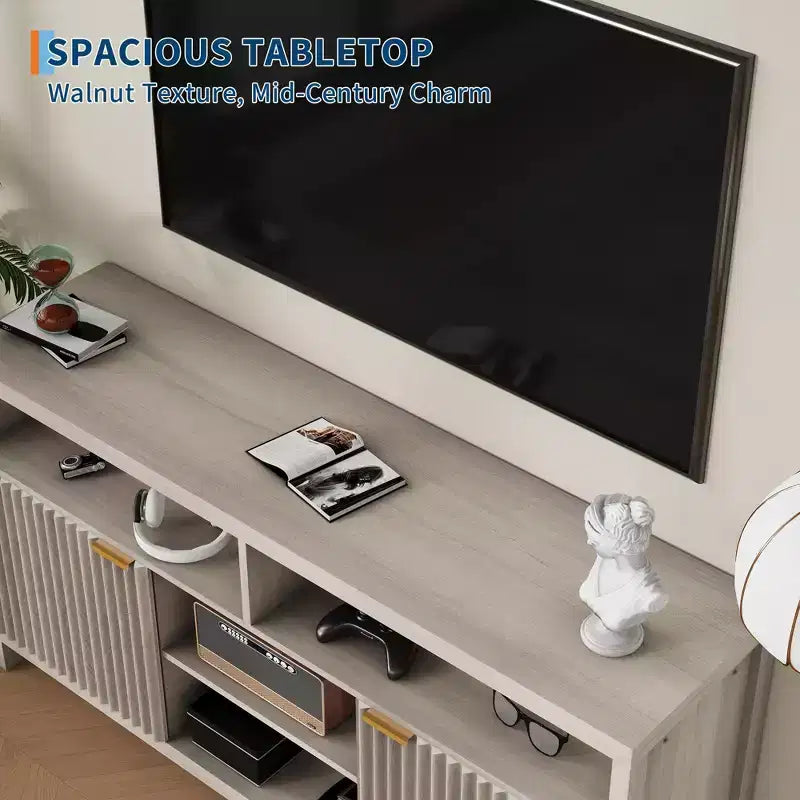 Fluted TV Stand for 65 TV, Mid Century Modern Media Console with Storage - Adjustable Shelves, Farmhouse TV Cabinet, for Living Room, Bedroom