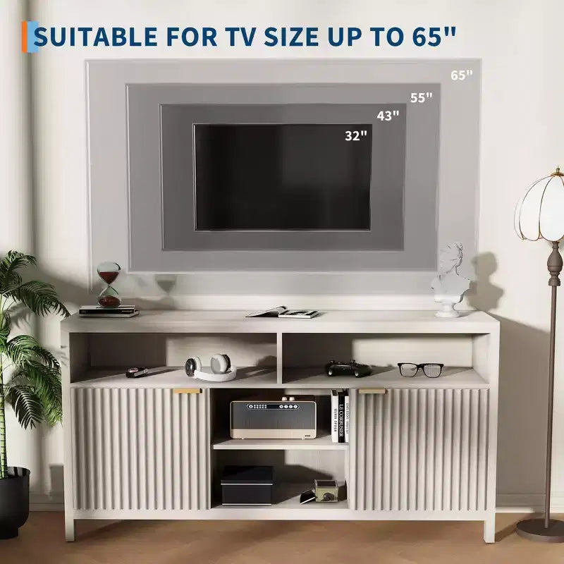 Fluted TV Stand for 65 TV, Mid Century Modern Media Console with Storage - Adjustable Shelves, Farmhouse TV Cabinet, for Living Room, Bedroom