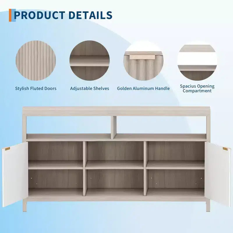 Fluted TV Stand for 65 TV, Mid Century Modern Media Console with Storage - Adjustable Shelves, Farmhouse TV Cabinet, for Living Room, Bedroom