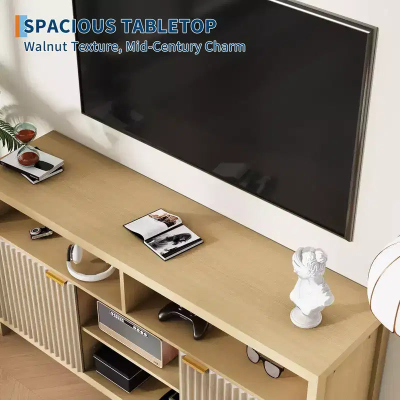 Fluted TV Stand for 65 TV, Mid Century Modern Media Console with Storage - Adjustable Shelves, Farmhouse TV Cabinet, for Living Room, Bedroom