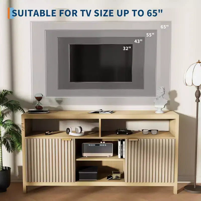 Fluted TV Stand for 65 TV, Mid Century Modern Media Console with Storage - Adjustable Shelves, Farmhouse TV Cabinet, for Living Room, Bedroom