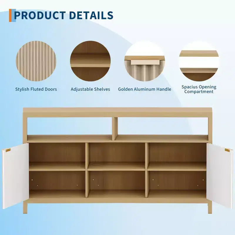 Fluted TV Stand for 65 TV, Mid Century Modern Media Console with Storage - Adjustable Shelves, Farmhouse TV Cabinet, for Living Room, Bedroom