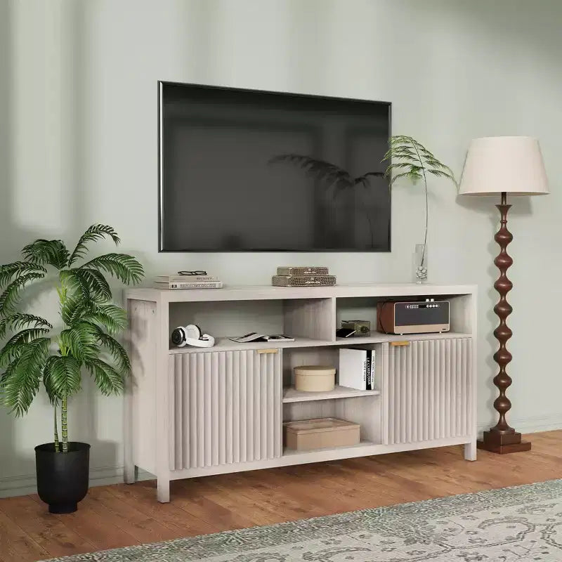 Fluted TV Stand for 65 TV, Mid Century Modern Media Console with Storage - Adjustable Shelves, Farmhouse TV Cabinet, for Living Room, Bedroom
