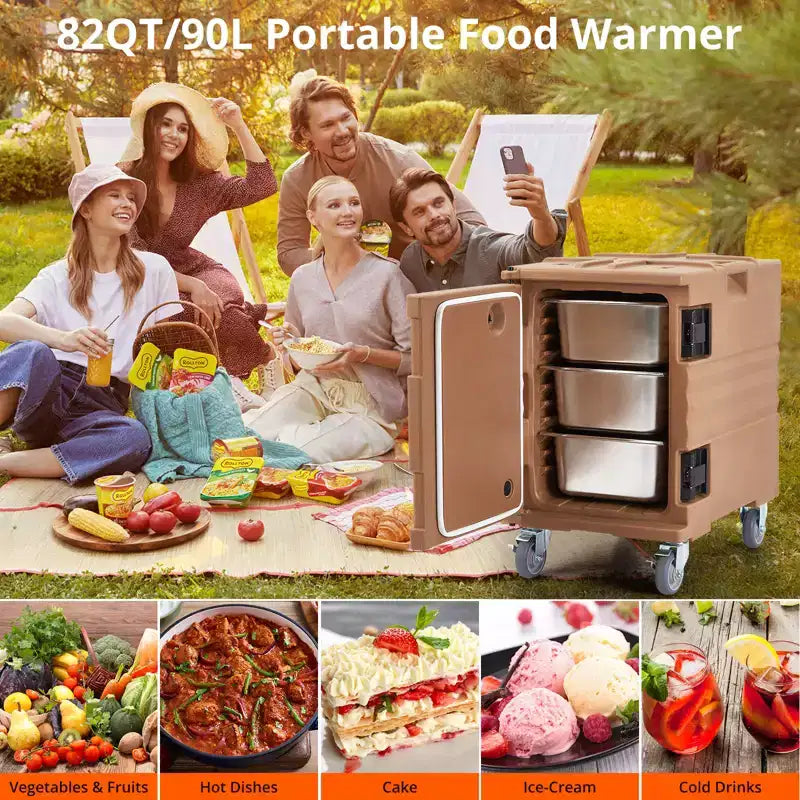 95QT Chauffe-Plats de Restauration avec Roulettes Pivotantes, Transporteur Alimentaire Isotherme pour 6 Bacs Pleine Grandeur, Boîte Chaude pour Traiteur, Camping, Restaurant