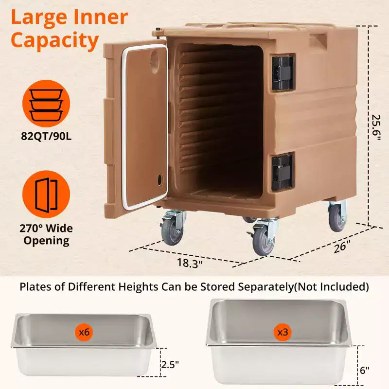 95QT Chauffe-Plats de Restauration avec Roulettes Pivotantes, Transporteur Alimentaire Isotherme pour 6 Bacs Pleine Grandeur, Boîte Chaude pour Traiteur, Camping, Restaurant