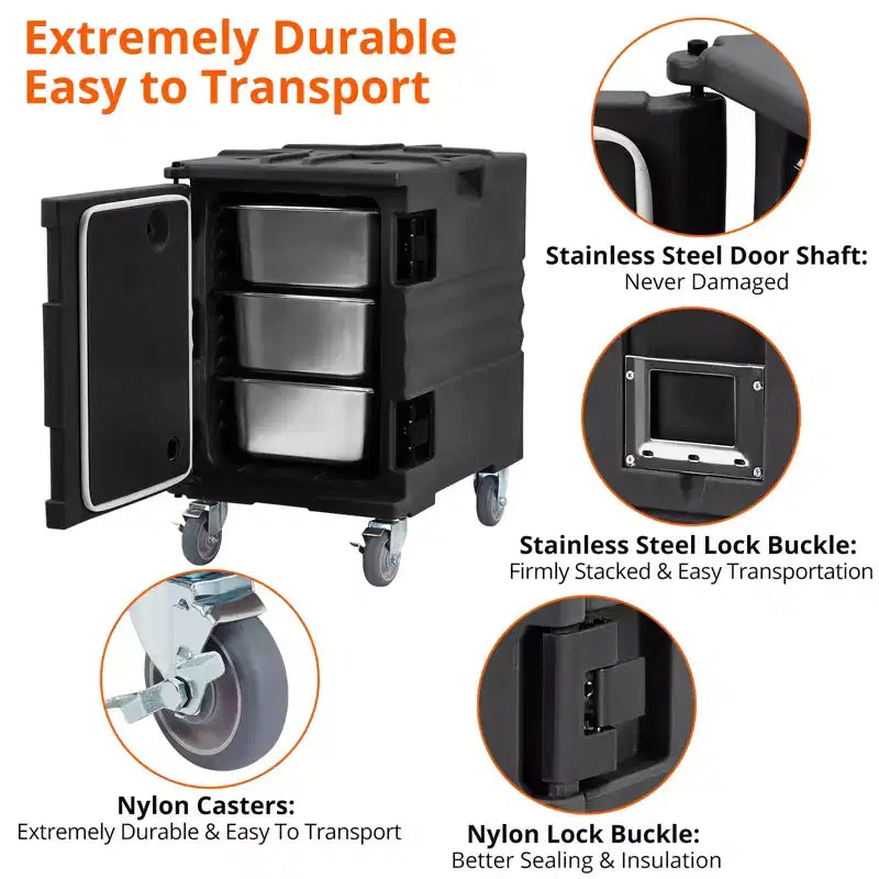 95QT Chauffe-Plats de Restauration avec Roulettes Pivotantes, Transporteur Alimentaire Isotherme pour 6 Bacs Pleine Grandeur, Boîte Chaude pour Traiteur, Camping, Restaurant