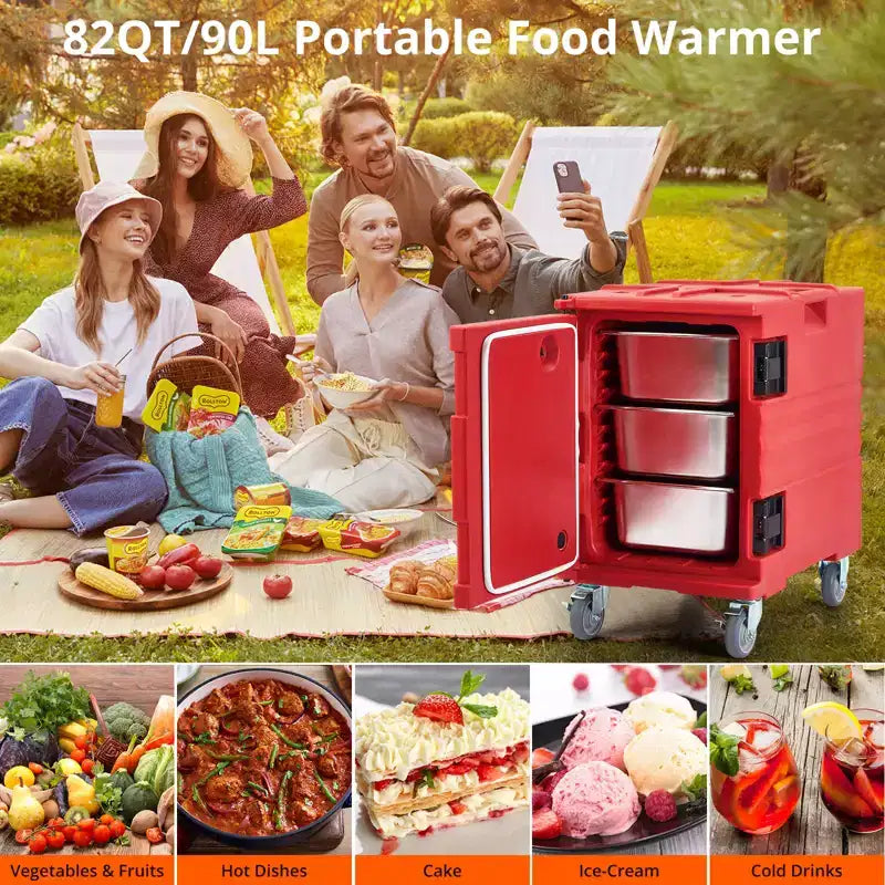 95QT Chauffe-Plats de Restauration avec Roulettes Pivotantes, Transporteur Alimentaire Isotherme pour 6 Bacs Pleine Grandeur, Boîte Chaude pour Traiteur, Camping, Restaurant