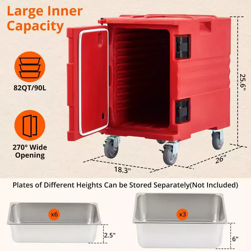 95QT Chauffe-Plats de Restauration avec Roulettes Pivotantes, Transporteur Alimentaire Isotherme pour 6 Bacs Pleine Grandeur, Boîte Chaude pour Traiteur, Camping, Restaurant