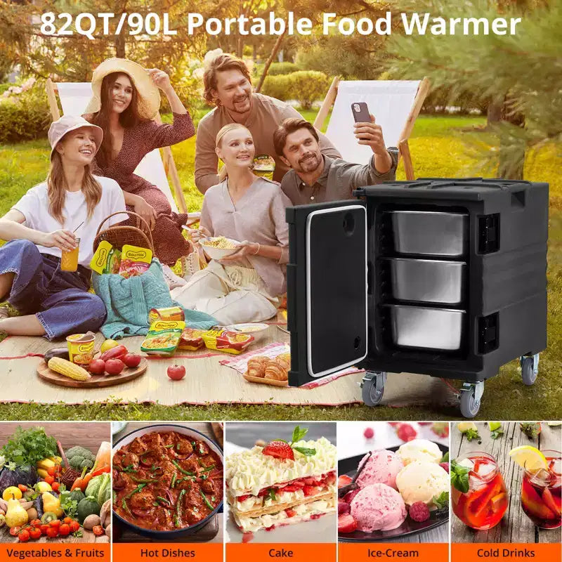 95QT Chauffe-Plats de Restauration avec Roulettes Pivotantes, Transporteur Alimentaire Isotherme pour 6 Bacs Pleine Grandeur, Boîte Chaude pour Traiteur, Camping, Restaurant