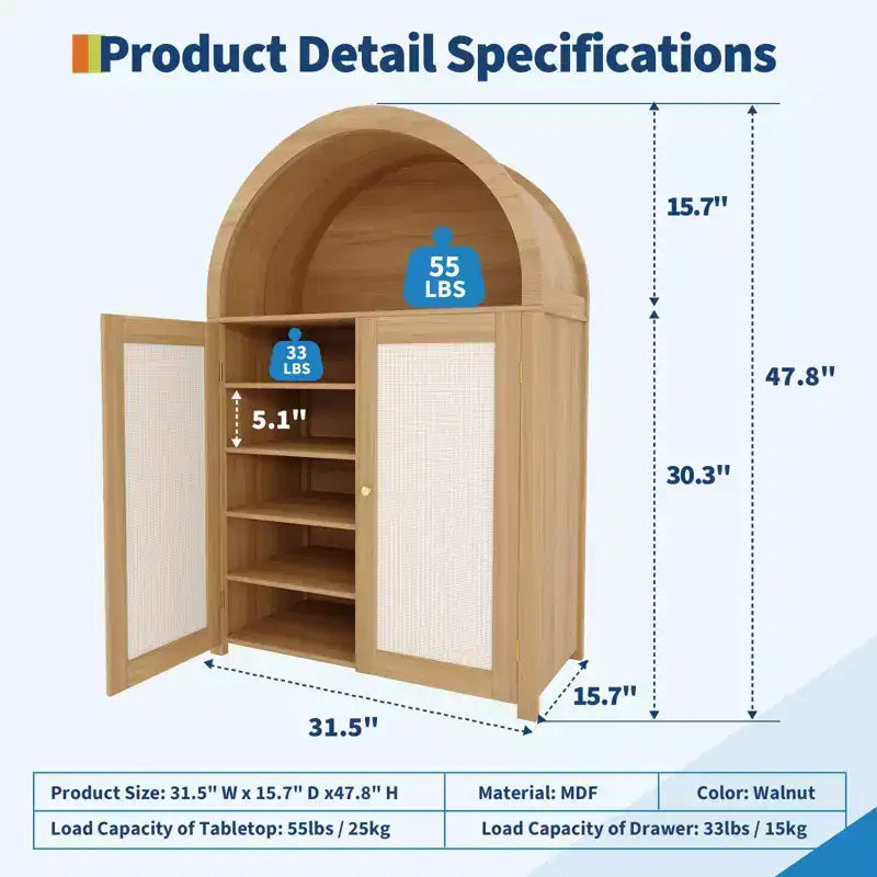 Arched Shoe Cabinet with Doors & Shelves, 5-Tier Rattan Shoes Rack Organizer Cabinet with Adjustable Shelves for Entryway, Closet, Living Room