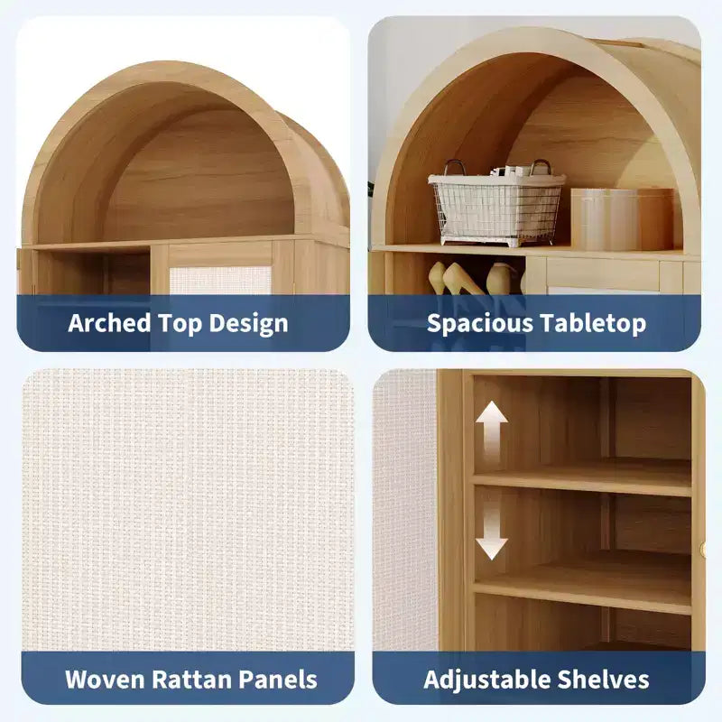 Arched Shoe Cabinet with Doors & Shelves, 5-Tier Rattan Shoes Rack Organizer Cabinet with Adjustable Shelves for Entryway, Closet, Living Room