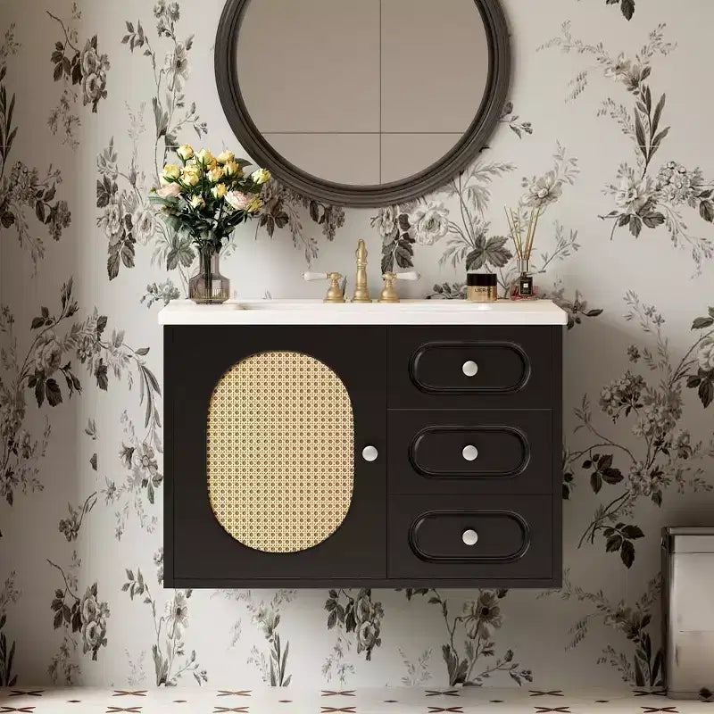 Rattan Wall-Mount Floating Bathroom Vanity with Sink, Black Painted Finish, Storage Cabinet, 2 Drawers, Rattan Door, and Ceramic Top