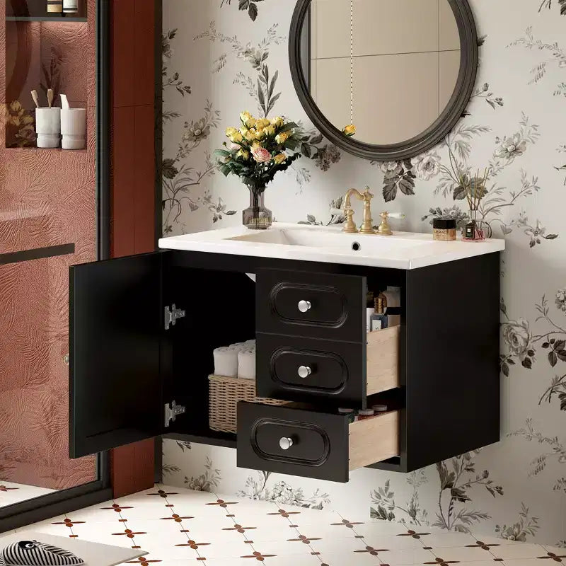 Meuble-lavabo flottant mural en rotin avec évier, finition peinte en noir, meuble de rangement, 2 tiroirs, porte en rotin et plateau en céramique