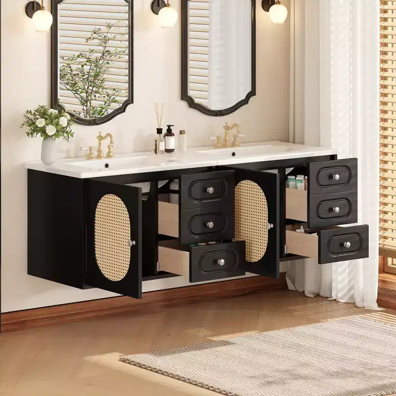 Meuble-lavabo flottant mural en rotin avec évier, finition peinte en noir, meuble de rangement, 2 tiroirs, porte en rotin et plateau en céramique