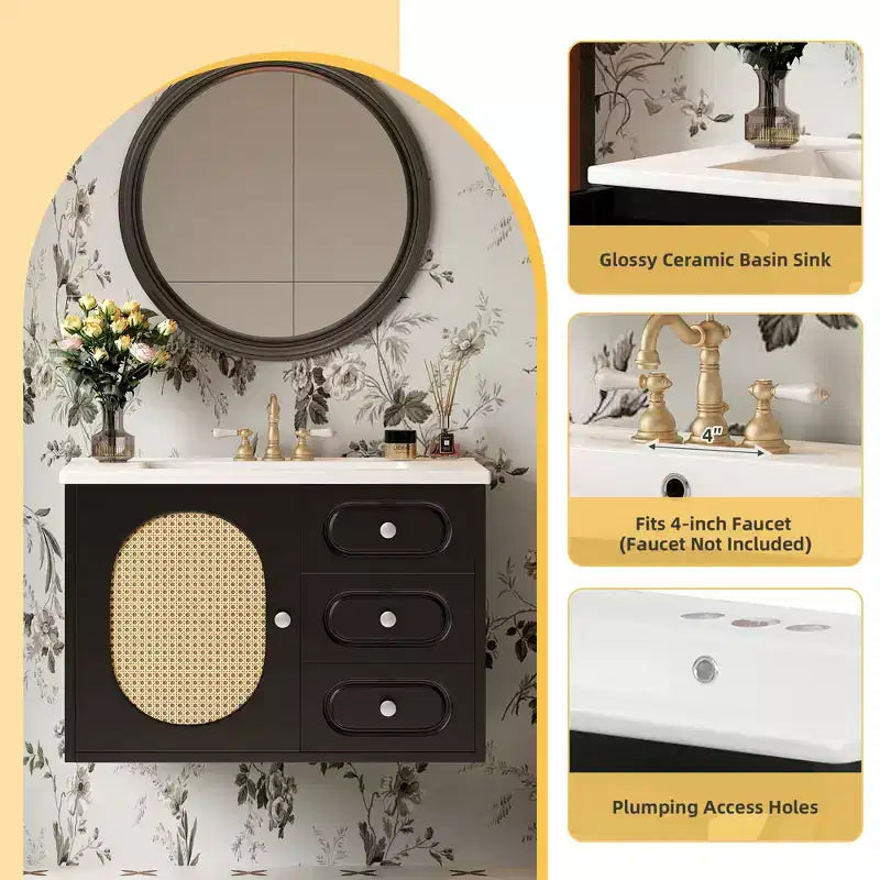 Meuble-lavabo flottant mural en rotin avec évier, finition peinte en noir, meuble de rangement, 2 tiroirs, porte en rotin et plateau en céramique