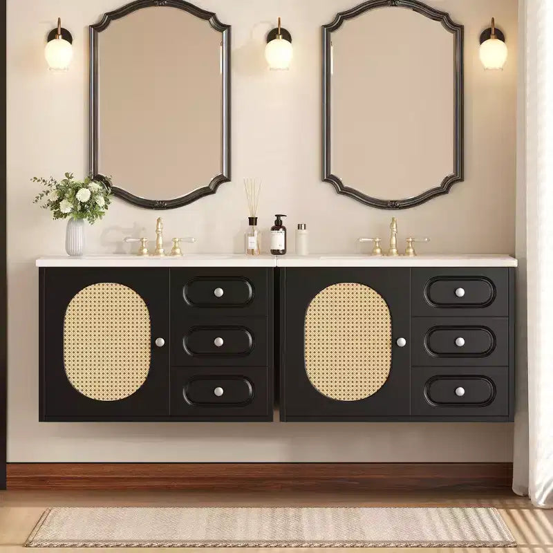 Meuble-lavabo flottant mural en rotin avec évier, finition peinte en noir, meuble de rangement, 2 tiroirs, porte en rotin et plateau en céramique