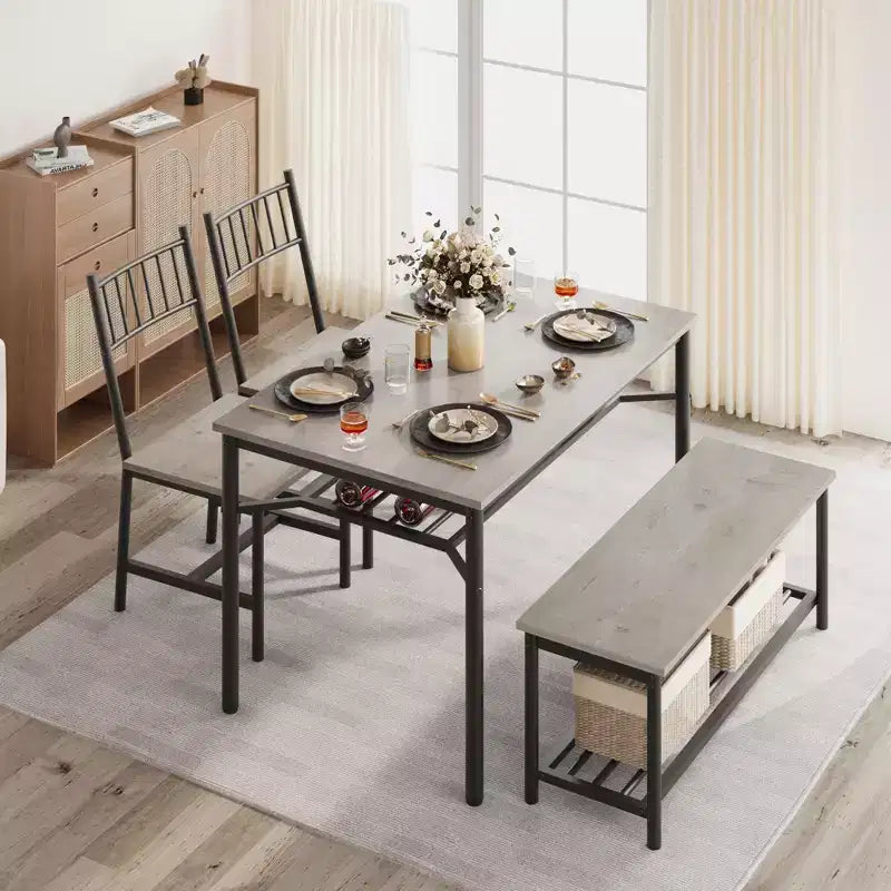 Farmhouse Dining Table Set for 4, Rectangular Dining Room Furniture Set, 2-Person Bench with Storage Rack, Easy Assembly, for Small Space