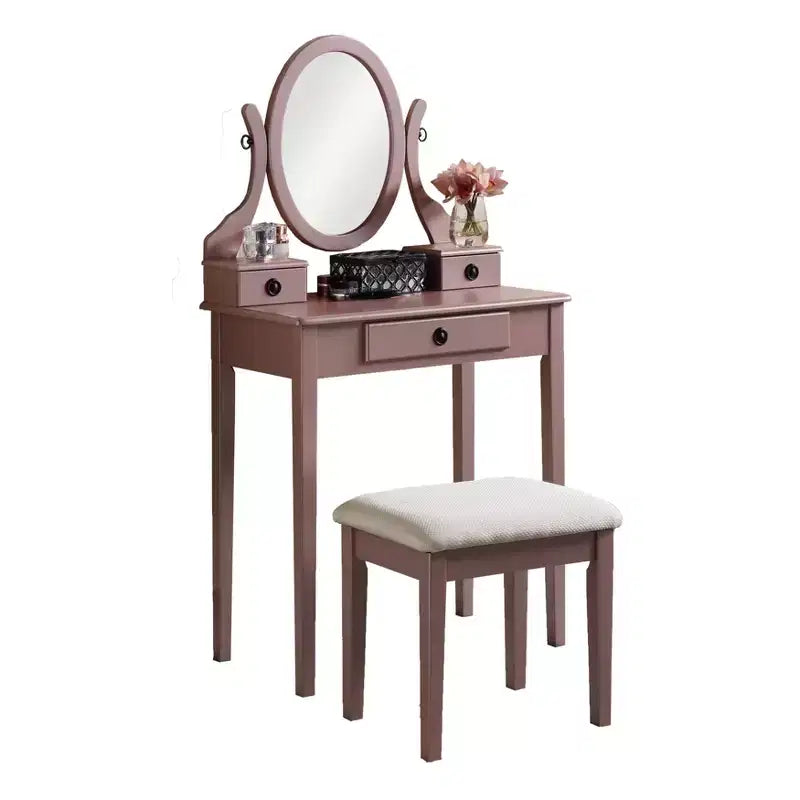 Coiffeuse Vintage avec Miroir Ovale, Coiffeuse Compacte avec 3 Tiroirs et Tabouret Rembourré, Petite Coiffeuse pour Petit Espace