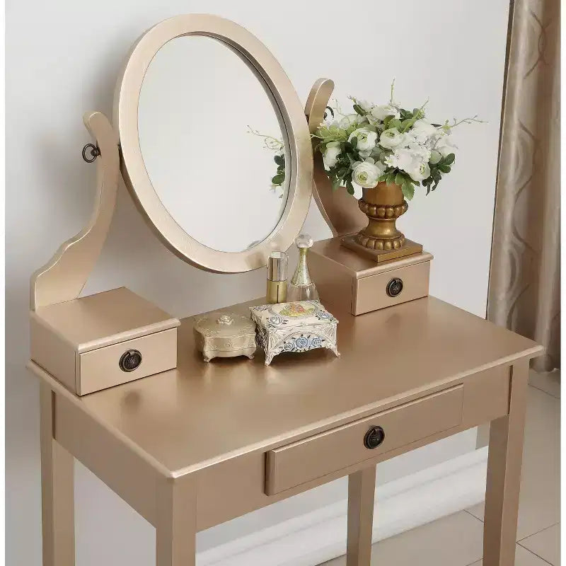 Coiffeuse Vintage avec Miroir Ovale, Coiffeuse Compacte avec 3 Tiroirs et Tabouret Rembourré, Petite Coiffeuse pour Petit Espace