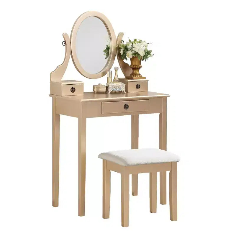 Coiffeuse Vintage avec Miroir Ovale, Coiffeuse Compacte avec 3 Tiroirs et Tabouret Rembourré, Petite Coiffeuse pour Petit Espace