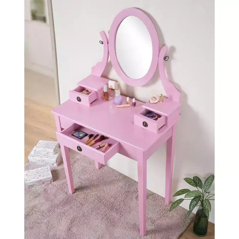 Coiffeuse Vintage avec Miroir Ovale, Coiffeuse Compacte avec 3 Tiroirs et Tabouret Rembourré, Petite Coiffeuse pour Petit Espace