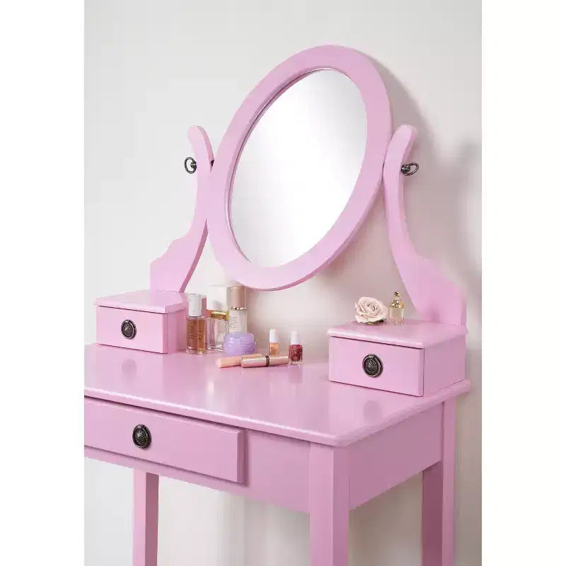 Coiffeuse Vintage avec Miroir Ovale, Coiffeuse Compacte avec 3 Tiroirs et Tabouret Rembourré, Petite Coiffeuse pour Petit Espace