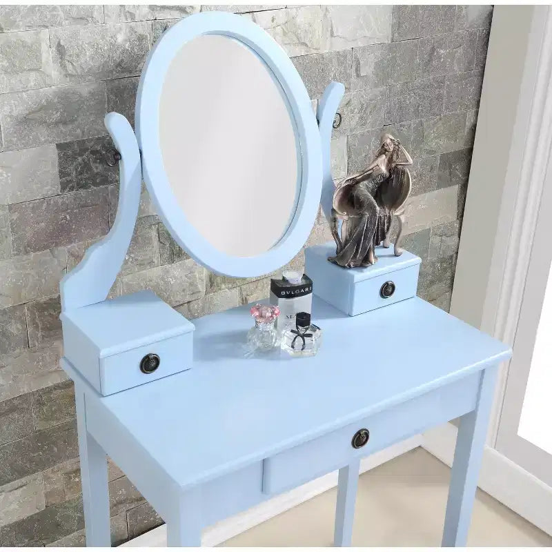 Vintage Vanity Desk with Oval Mirror, Compact Vanity with 3 Drawers and Cushioned Stool, Small Vanity Desk for Small Space