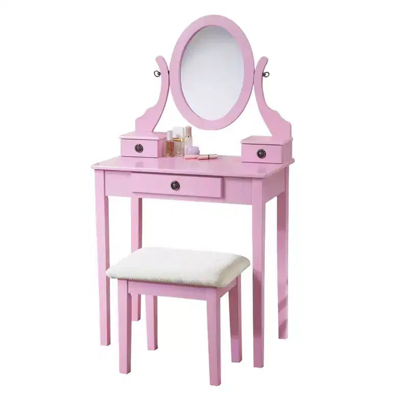 Coiffeuse Vintage avec Miroir Ovale, Coiffeuse Compacte avec 3 Tiroirs et Tabouret Rembourré, Petite Coiffeuse pour Petit Espace