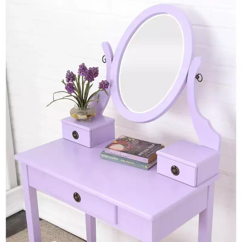 Coiffeuse Vintage avec Miroir Ovale, Coiffeuse Compacte avec 3 Tiroirs et Tabouret Rembourré, Petite Coiffeuse pour Petit Espace