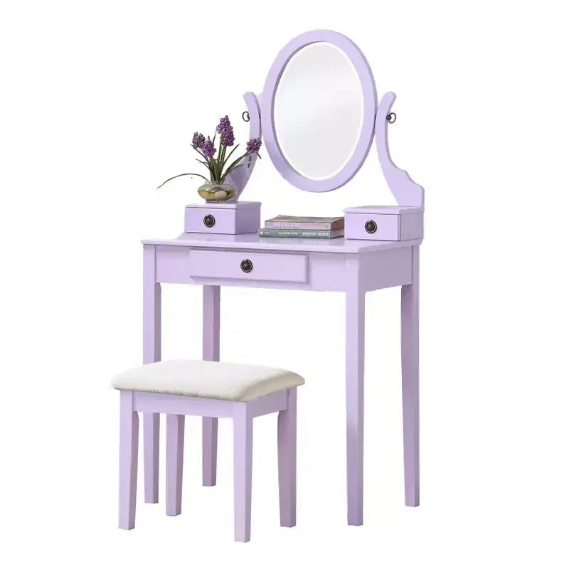 Coiffeuse Vintage avec Miroir Ovale, Coiffeuse Compacte avec 3 Tiroirs et Tabouret Rembourré, Petite Coiffeuse pour Petit Espace