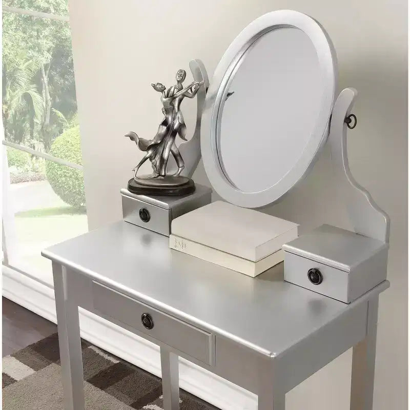 Coiffeuse Vintage avec Miroir Ovale, Coiffeuse Compacte avec 3 Tiroirs et Tabouret Rembourré, Petite Coiffeuse pour Petit Espace