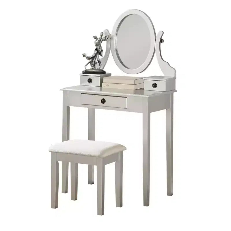 Coiffeuse Vintage avec Miroir Ovale, Coiffeuse Compacte avec 3 Tiroirs et Tabouret Rembourré, Petite Coiffeuse pour Petit Espace