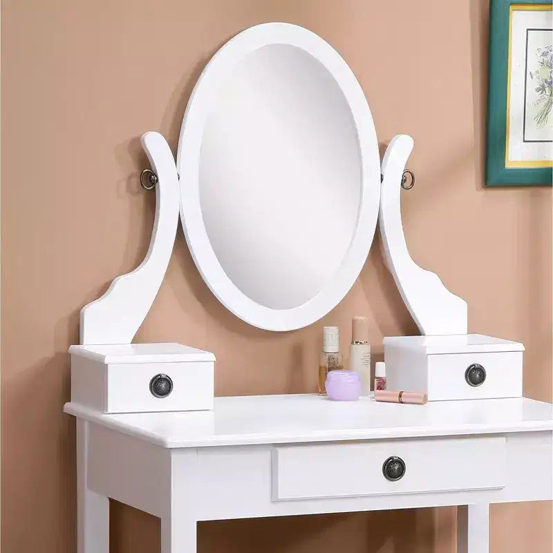 Coiffeuse Vintage avec Miroir Ovale, Coiffeuse Compacte avec 3 Tiroirs et Tabouret Rembourré, Petite Coiffeuse pour Petit Espace