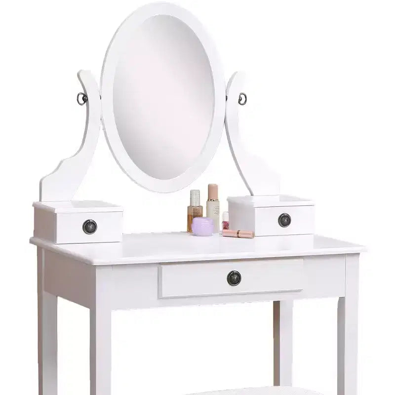 Coiffeuse Vintage avec Miroir Ovale, Coiffeuse Compacte avec 3 Tiroirs et Tabouret Rembourré, Petite Coiffeuse pour Petit Espace