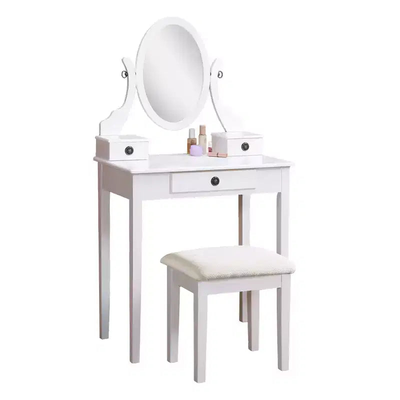 Coiffeuse Vintage avec Miroir Ovale, Coiffeuse Compacte avec 3 Tiroirs et Tabouret Rembourré, Petite Coiffeuse pour Petit Espace