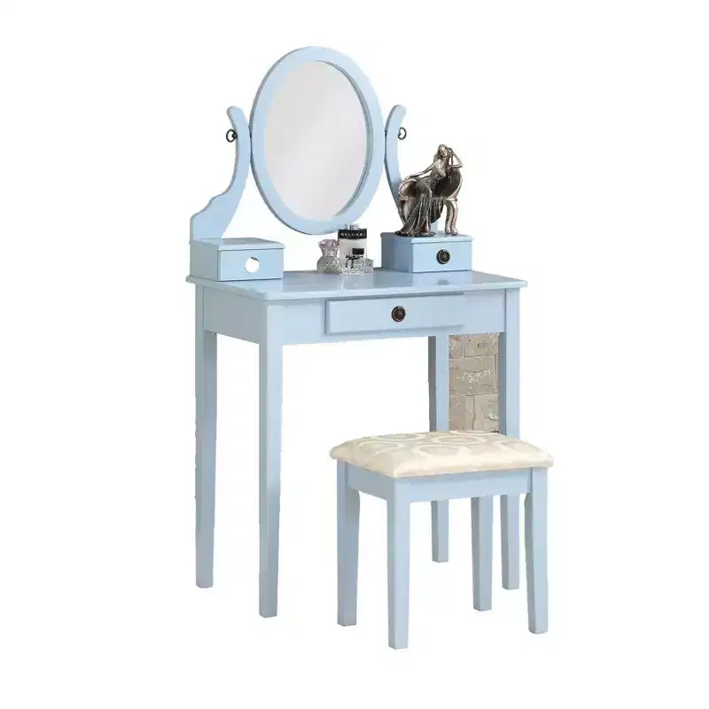 Vintage Vanity Desk with Oval Mirror, Compact Vanity with 3 Drawers and Cushioned Stool, Small Vanity Desk for Small Space
