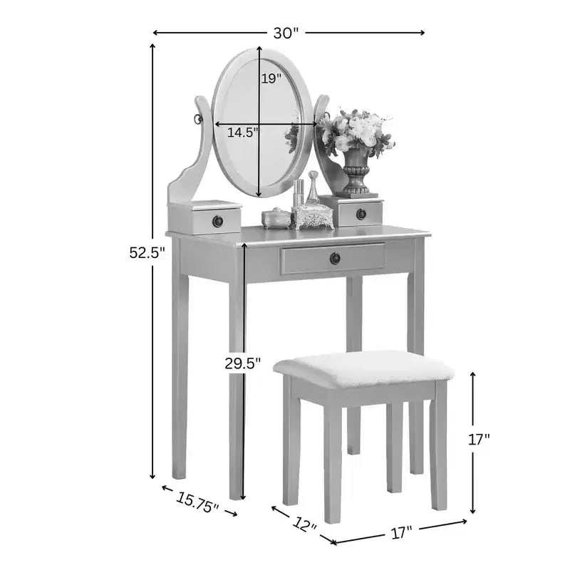 Vintage Vanity Desk with Oval Mirror, Compact Vanity with 3 Drawers and Cushioned Stool, Small Vanity Desk for Small Space