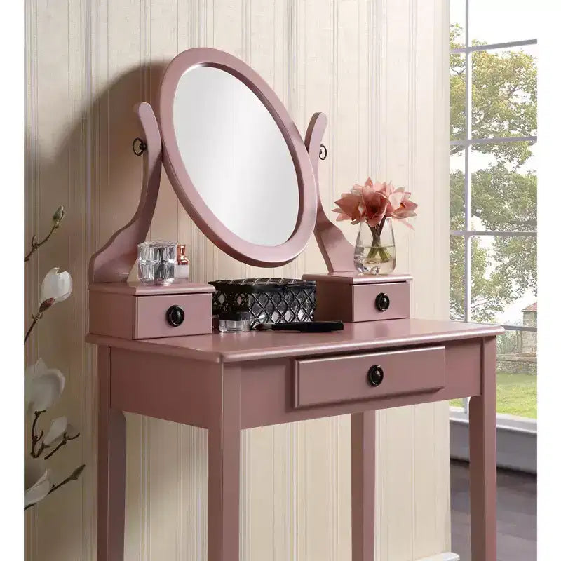 Coiffeuse Vintage avec Miroir Ovale, Coiffeuse Compacte avec 3 Tiroirs et Tabouret Rembourré, Petite Coiffeuse pour Petit Espace