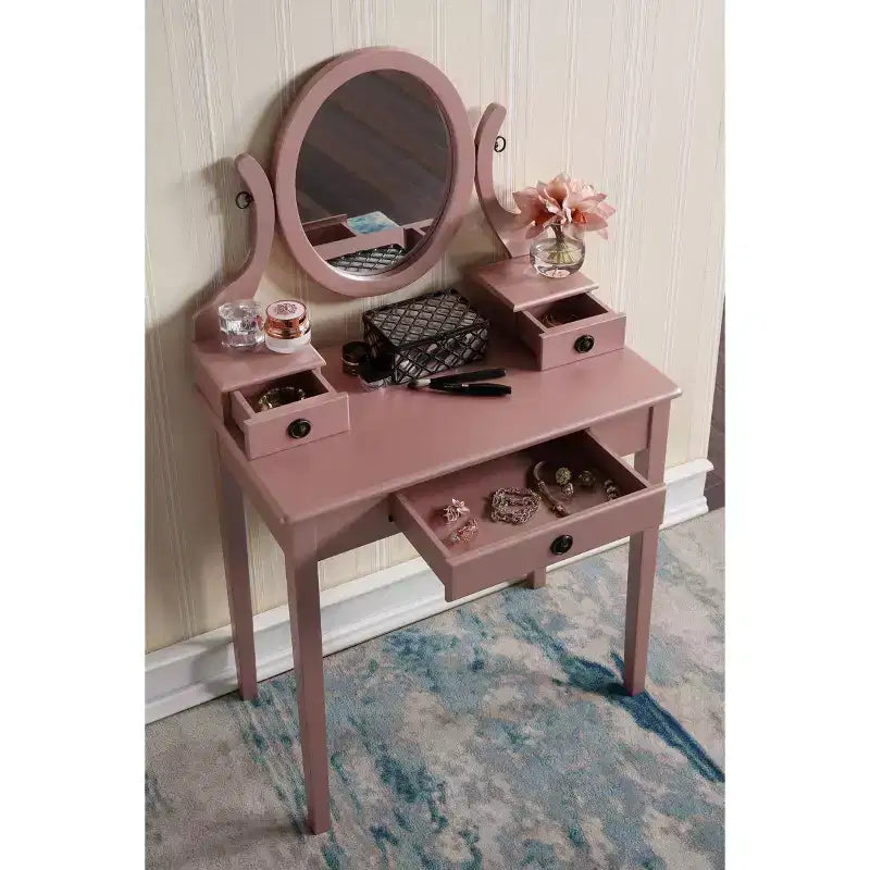 Coiffeuse Vintage avec Miroir Ovale, Coiffeuse Compacte avec 3 Tiroirs et Tabouret Rembourré, Petite Coiffeuse pour Petit Espace