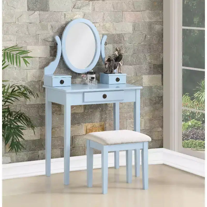 Okak Vintage Vanity Desk with Oval Mirror, Compact Vanity with 3 Drawers and Cushioned Stool, Small Vanity Desk for Small Space